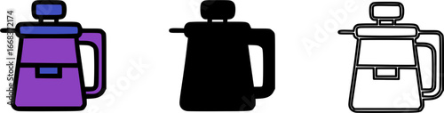 Vector icon set of a French press coffee maker in color, silhouette, and outline styles.