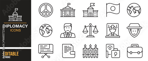 Modern diplomacy vector icons showing flags, government, and balance of justice.