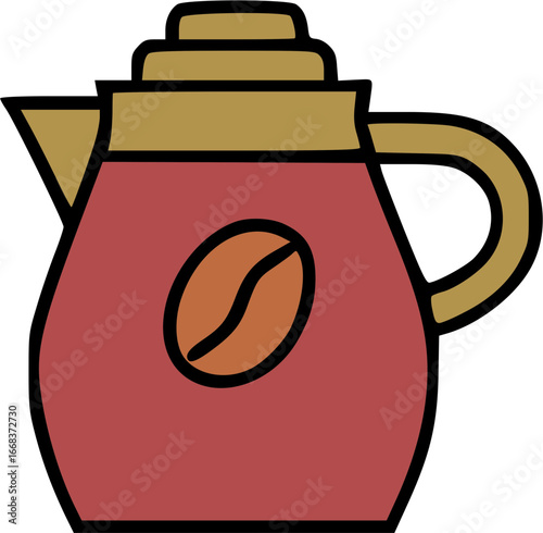 Hand-drawn style red coffee pot or thermos with a coffee bean icon.