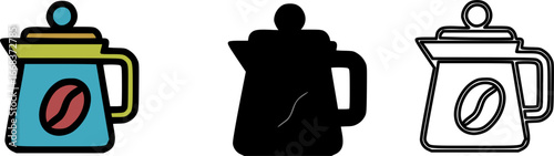 Set of coffee pot icons featuring a coffee bean, in color, silhouette, and outline.