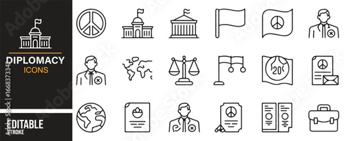 Collection of diplomacy icons for justice, peace, and international design projects.