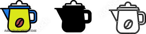 Three versions: color, silhouette, and outline coffee pot with bean symbol.