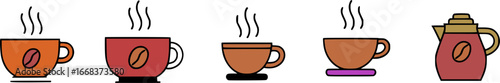 A collection of steaming coffee cups and a coffee pot with bean icons, illustrating hot beverages.