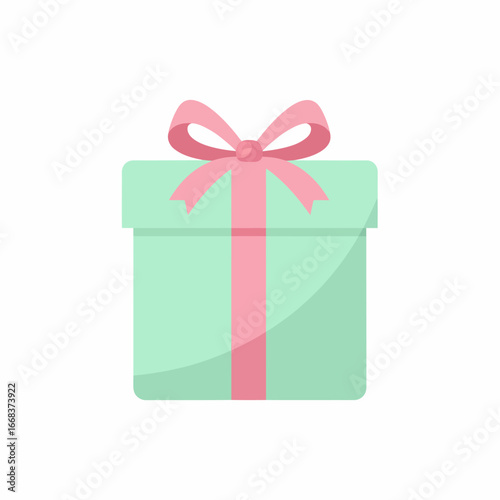Pastel Green Gift Box with Pink Ribbon and Bow Isolated Illustration.