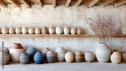 Rustic Pottery Collection on Wooden Shelf