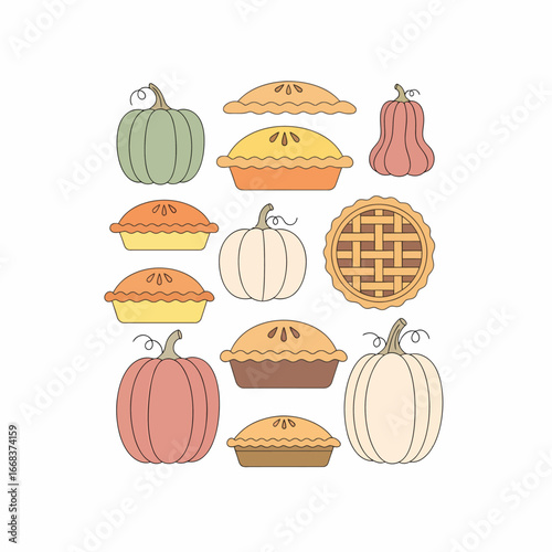Collection of Colorful Hand-Drawn Pumpkins and Delicious Fruit Pies for Autumn Season.