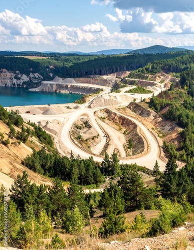 Wallpaper Mural A high-angle view of a sand quarry, showcasing winding pathways and colorful earth tones amidst lush greenery.  The serene landscape reveals a vast expanse of excavated land with a tranquil lake. Torontodigital.ca