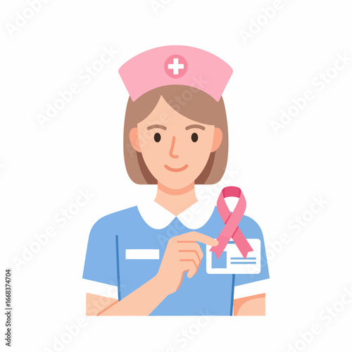 Nurse with Pink Ribbon: Breast Cancer Awareness Illustration.
