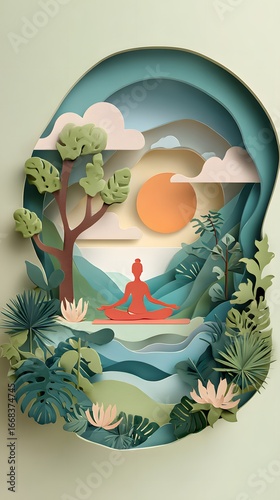Paper cut layered composition of wellness retreat with nature and yoga mats