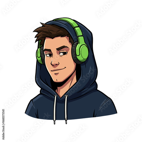 Young man wearing headphones and a hoodie with a confident smirk, enjoying music or a podcast