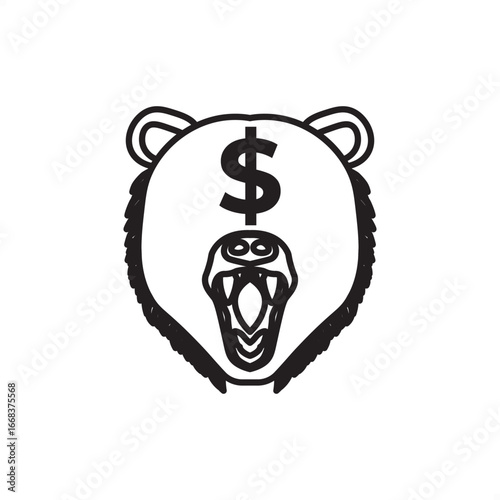Bear market vector icon with roaring bear head and dollar sign symbol. Perfect for finance, stock trading, market decline, investment loss, bearish trend, economic downturn, risk, and volatility theme