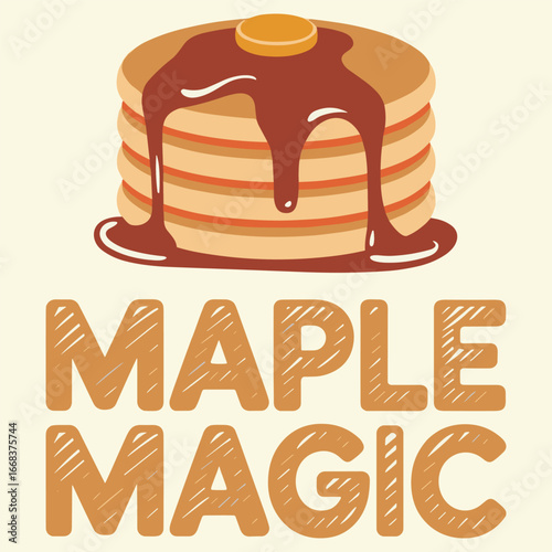 Stacked fluffy pancakes drenched in glossy maple syrup with melting butter on a warm beige background, a cozy breakfast scene capturing maple magic, indulgence, and comfort.