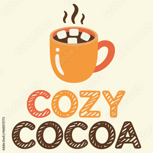 Cozy cocoa in a warm orange mug with rising steam and marshmallows, inviting comfort and relaxation, a charming homey illustration that highlights warmth, sweetness, and comforting beverage vibes