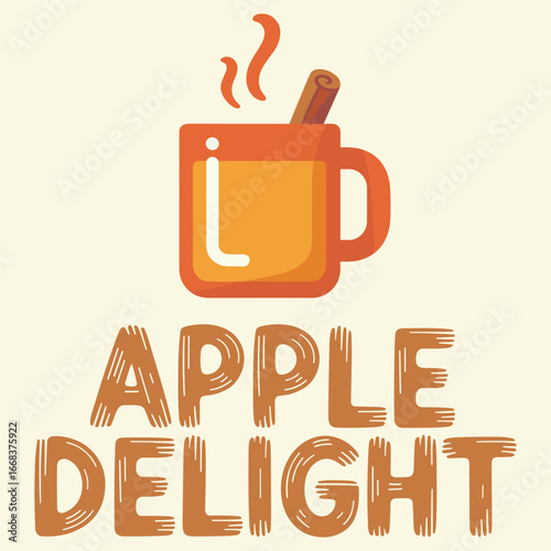 Illustrated mug of warming apple delight with steaming steam, a cinnamon stick, and warm amber tones conveying cozy autumn beverage comfort, aroma, and homey charm