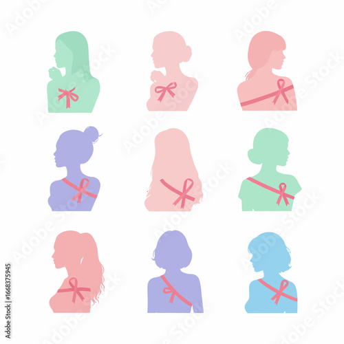 Breast Cancer Awareness: Pastel Silhouettes with Pink Ribbons.