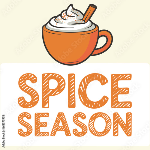 An inviting orange mug cradles a creamy, spiced beverage topped with whipped cream and a cinnamon stick, embodying cozy warmth and the festive charm of spice season.