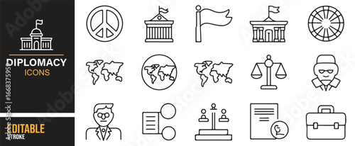 Modern diplomacy icons showing politics, flags, law, and international relations.