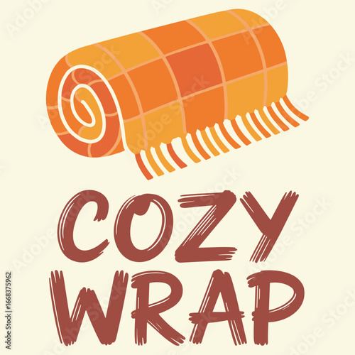 Cozy rolled wrap blanket with a warm orange checkered pattern and fringe, showcasing plush soft textile fabric for comforting warmth, decorative home decor and relaxed lounging