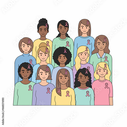Diverse Group of Women Wearing Pink Ribbons Supporting Breast Cancer Awareness.