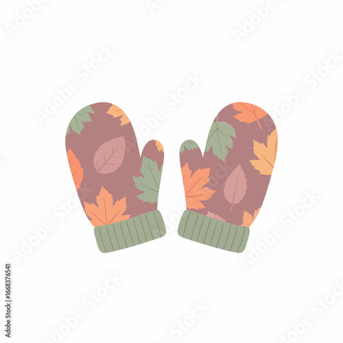 Pair of Autumnal Leaf-Print Knitted Mittens.