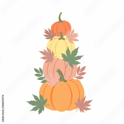 Colorful stacked autumn pumpkins with fall leaves a festive harvest season illustration.