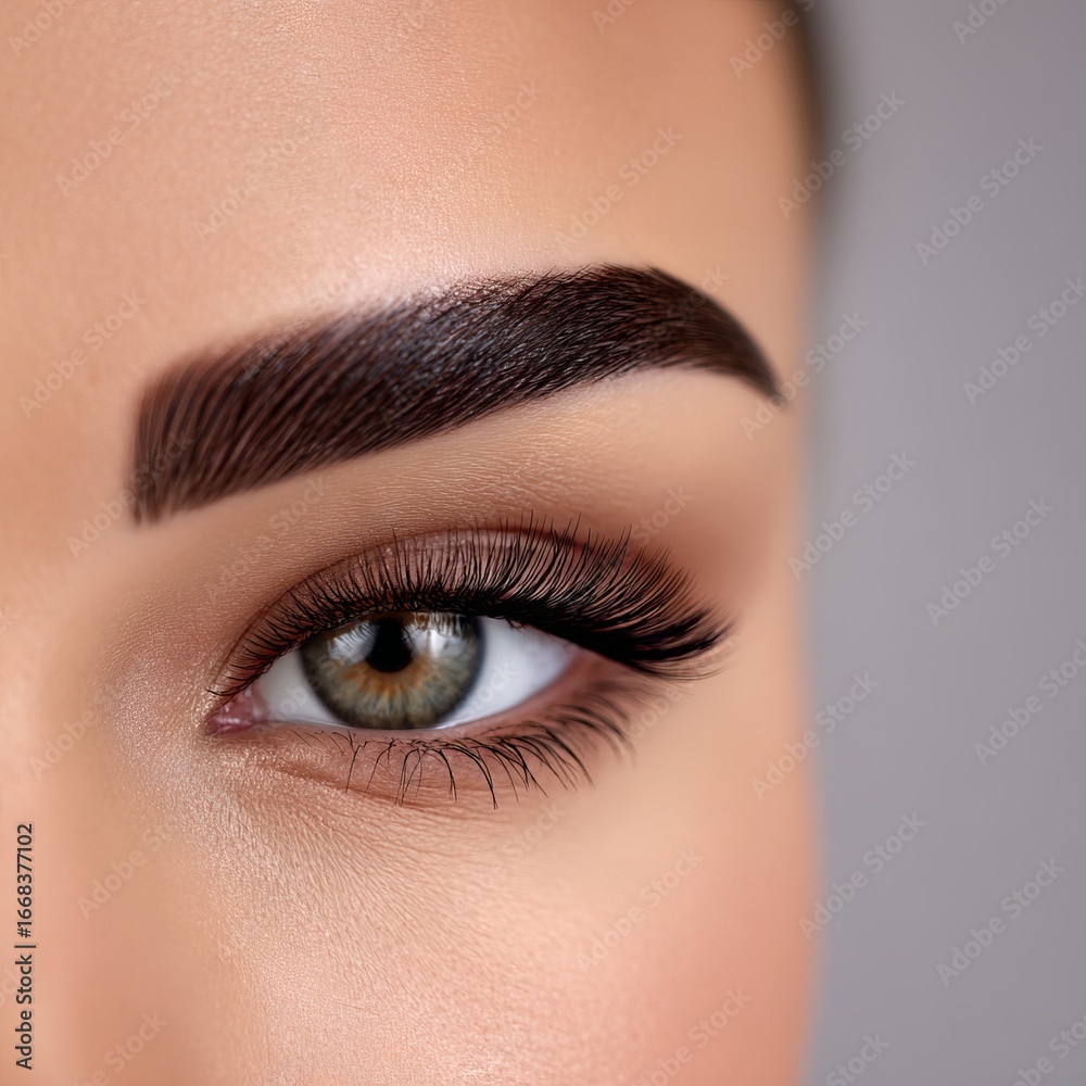 Obraz premium Close-up of a beautiful womans eye showcasing long eyelashes, perfectly shaped eyebrows, and vibrant green iris, highlighting beauty and elegance in a soft-focus background