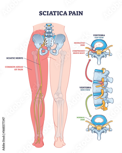 Sciatica pain is shown with highlighted nerve, pain areas, and spine structure, illustrating causes and affected regions. Outline diagram
