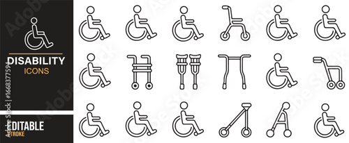 Collection of disability icons showing healthcare equipment and accessibility.