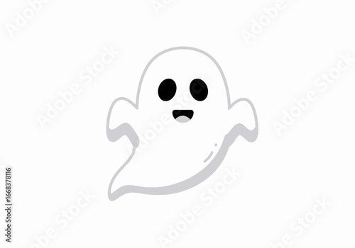 A cartoon ghost with two large black eyes and a wide toothy smile on a solid white background
