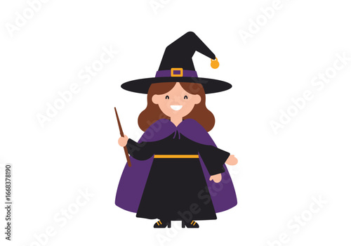 A girl in a witch costume wearing a hat cape and dress while holding a wand