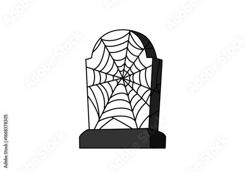 A headstone with a spider web design shaded black