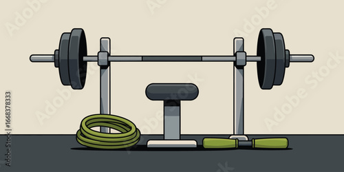 A barbell on a rack with weights and a bench with a rope and handles in a cartoon style image