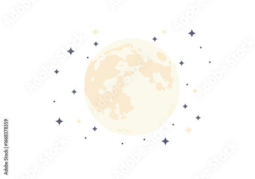 A pale yellow moon is surrounded by scattered stars with darker blue and lighter yellow hues