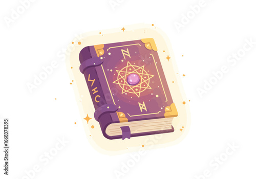 A purple spellbook with gold accents featuring a central gemstone and arcane symbols