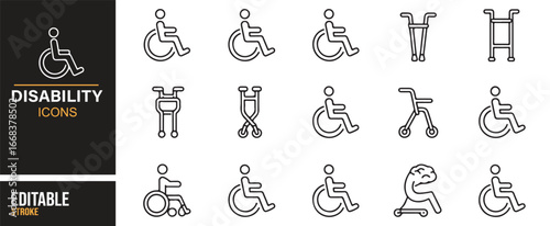 Disability icon set representing support, therapy, and mobility assistance.