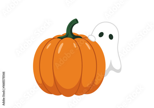 An orange pumpkin with a green stem and a white cartoon ghost peering from behind it