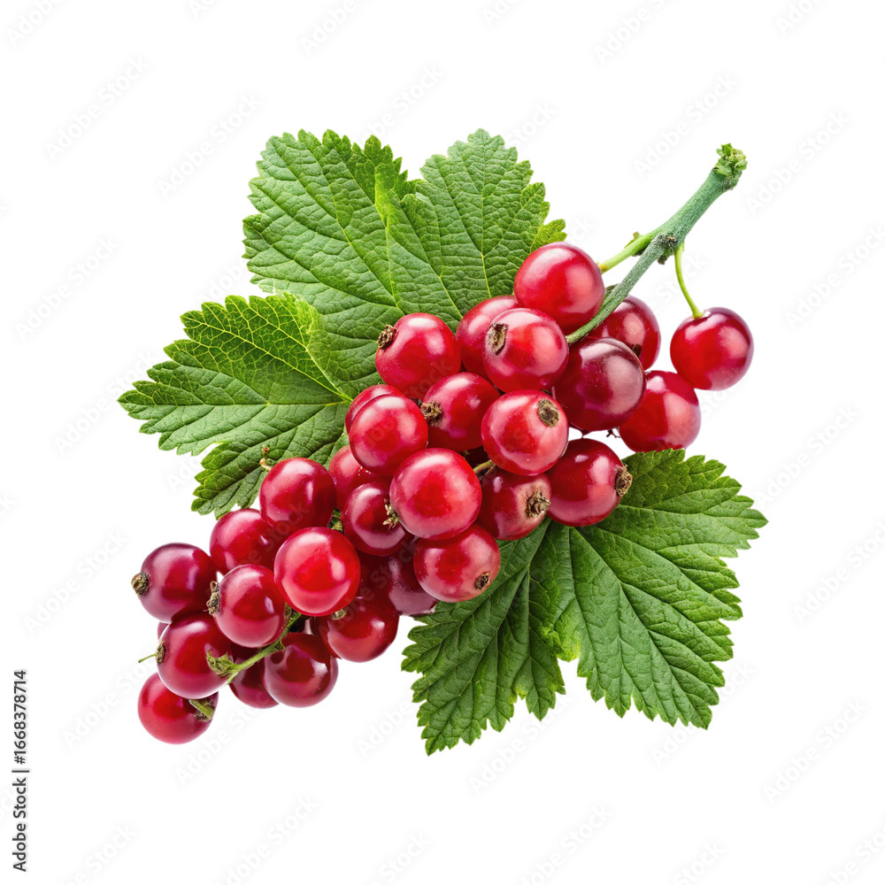 Fototapeta premium Cluster of Red Currants with Fresh Green Leaves on a White Background