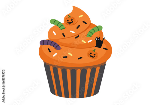 Halloween cupcake orange frosting with candy pumpkin worms and black cat toppers in a striped grayorange wrapper