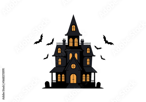 Haunted house dark with lit windows and bats flying around it Tombstones on either side