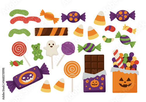 Halloween candy includes jelly worms lollipops candy corn chocolate and wrapped sweets in festive colors