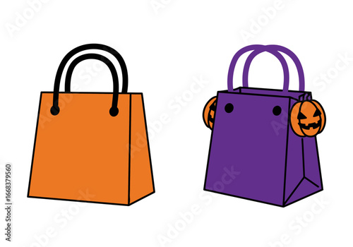 Two Halloween gift bags one orange one purple with pumpkin details