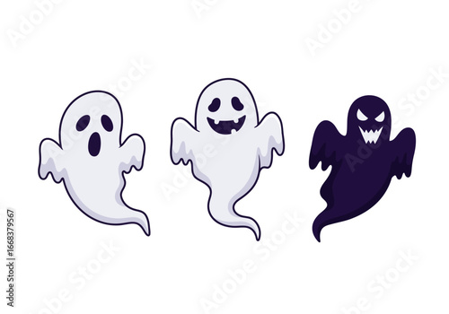 Three cartoon ghosts stand sidebyside one surprised one smiling  one menacing