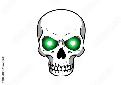 White skull with glowing green eyes and a black nose