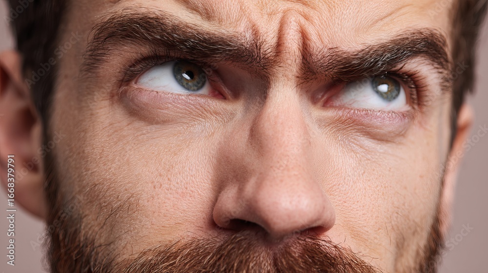 Fototapeta premium Close-up of a perplexed Caucasian man frowning with furrowed brows and focused eyes.