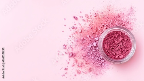 Pink cosmetic powder scattered around a clear glass jar on a soft pink background, showcasing vibrant color and texture, ideal for beauty and makeup themes
