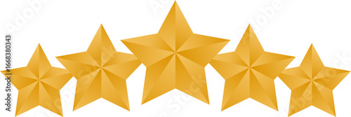 Five elegant gold stars, stars in a row with the center one being the largest, a concept of high quality, customer satisfaction, and excellence