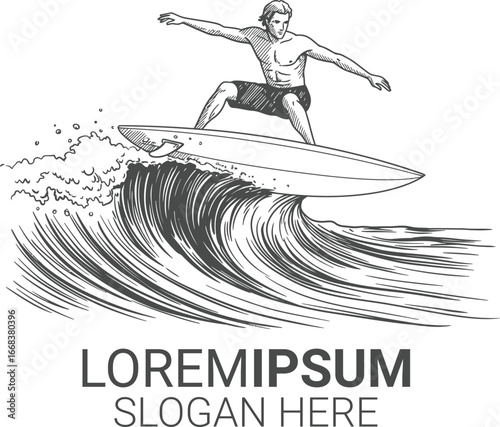 Black and White Hand-Drawn Surfing Illustration Vector