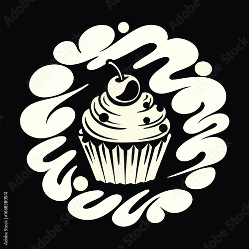 T-shirt Design for Whimsical Cupcake Delight Vintage Style Dessert Illustration with Cherry Topping and Ornate Creamy Border Design