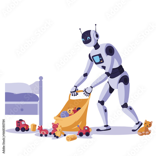 Humanoid robot cleaning toys flat vector isolated on white