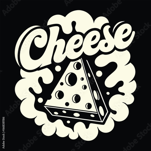 T-shirt Design for Whimsical Cheese Delight An Eye Catching Monochromatic Illustration of a Cheese Wedge Surrounded by Clouds